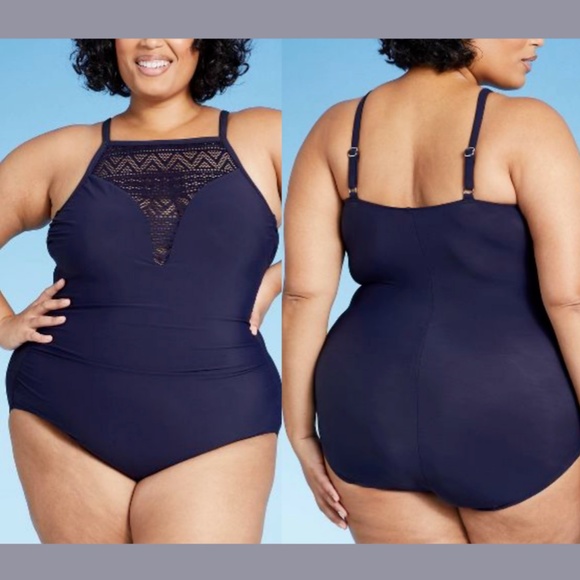 NWT Aqua Green [ Plus 20W‎ ] Crochet High Neck One Piece Swimsuit Navy - Picture 2 of 12